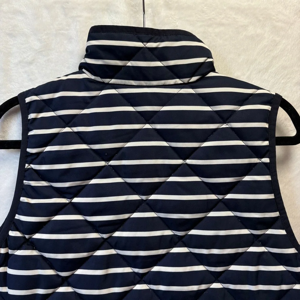 J. Crew Quilted Striped Vest Women Sz Small Navy White Puffer‎ Gilet Gold Zipper